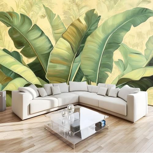 Papier Peint Feuilles De Bananier Vertes Style Rustique 3D Panoramique Murale Salon 350x256 cm Papier Peint intissé pour Chambre Salon Personnalisé Décoration Murale