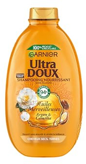 Garnier Ultra Doux Shampooing Cheveux Secs Huiles Argan Camélia 600ml | Nourrit jusqu'aux pointes, Apporte éclat et douceur, Brillance et souplesse, Gamme Huiles Merveilleuses