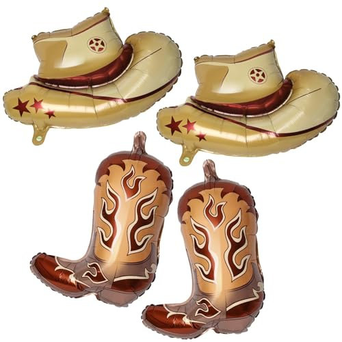 4 Stück Cowboy luftballons, Aluminiumfolie Cowboy Hut Luftballons Cowboy Stiefel Luftballons, Cowgirl Luftballons, Western-Motto-Partyballons, Western Party Cowboy Luftballons (Braun)