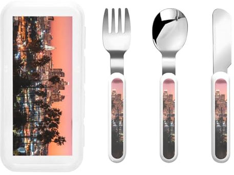 Los Angeles Palmen-Druckutensilien-Set, sichere Löffel und Gabeln, Messer, Edelstahl, spülmaschinenfest