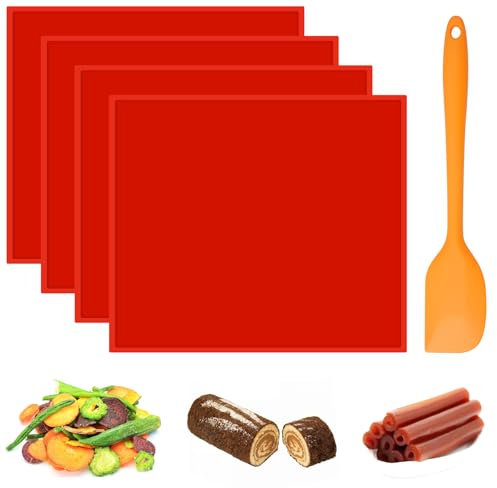4 Stück Silikon Dehydrator Blätter, 30 x 26 cm Antihaft Dörrfolie für Dörrautomat, Silikon Backmatte Mit Rand, Lebensmittel Obst Dörrgerät Matten mit Schaber, Swiss Roll Backmatte, für Obst, Kuchen