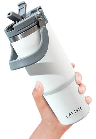 Lavish 30oz Travel Tumbler with Handle – Hot or Iced Drink Tumbler – Double Wall Stainless Steel Insulated Tumbler - Tumbler with 2-in-1 Lid and Straw - 100% BPA-Free - Car Coffee Cup (White)