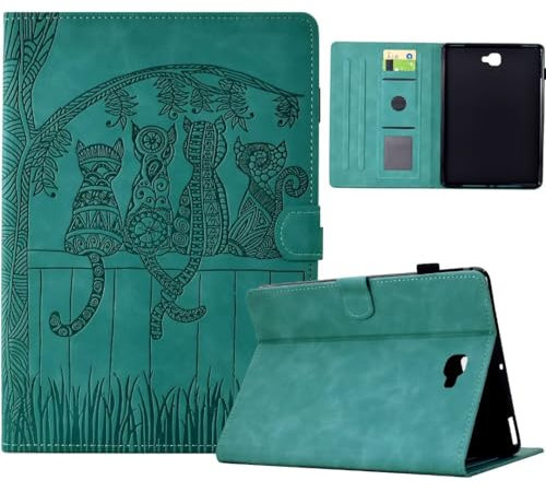 Vaitasy Funda para Samsung Galaxy Tab A 10.1 2016 SM-T580/T585 Simpática Silueta de Gato Cuero PU con Multiángulo Folio Carcasa para Galaxy Tab A6 10.1 Verde