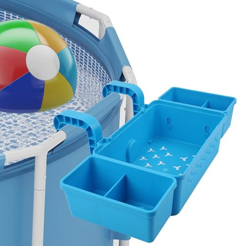 SOARFLY Pool Aufbewahrungskorb, Aufbewahrungskorb Hängend Pool mit 2 Getränkehalter Pool, Poolkorb Aus Recyceltem Kunststoff für Oberirdisches Poolzubehör, Blau