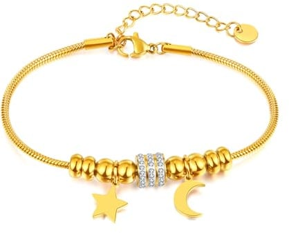Glintara Schlangen Armband für Damen Mädchen, Schlangen-Gliederarmband mit Perlen Stern Mond Herz, Zirkonia Charms Anhänger Armband Armkette für Pandora, Wasserfester Handkette Schmuck Silber | Gold