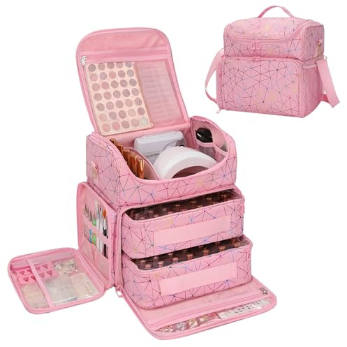 Nagelkoffer mit Extra Großer Kapazität – Nagellack Koffer für 86 bis 100+ Flaschen & Nagellampe, Doppelschichtdesign Nageldesign Koffer mit 2 Aufbewahrungstasche (Rosa Dreieck, 86 Flaschen)