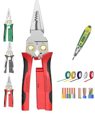Seese Zange 8 In 1 Abisolierzange Mit Spannungsprüfer Multifunktionales Professionelles Crimpwerkzeug Mit Stiftmultimeter Brechzange Spitzzange Drahtschneiden Ziehen Schaben Pressen(Red)