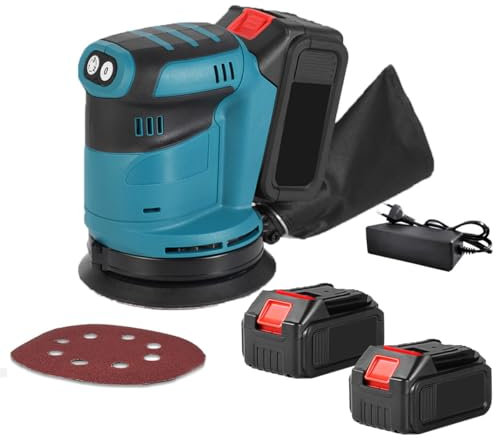 Ponceuse excentrique,190W Ponceuse Orbitale Excentrique sans fil avec 3 Vitesses variables 7000-11000rpm, avec 1 Feuilles de Papier de Verre Incluses pour le Polissage du Ponçage du Bois (2 Batteries)