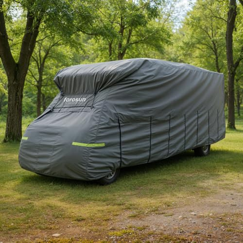 Farosun Wohnwagen Abdeckung, 4-lagige Schutzhülle für Wohnmobil, wetterfest & atmungsaktiv, UV-beständig, reißfest und wetterfest, Hagelschutzplane für Winter & Sommer, 750×235×270 cm