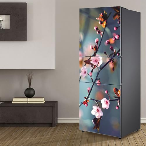 MYXJX fridge stickers, Fridge Sticker Full Covering Door Fridge Covers Skins Wall Stickers for Kitchen Decal, Pink Flower Plum Blossom(M: 60x180 cm)