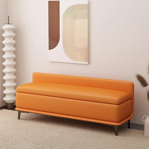Polsterbank für den Innenbereich mit Rückenlehne, Wohnzimmerhocker mit Aufbewahrung, Ottomane aus Leder für Schlafzimmer mit Aufbewahrung, Innenrahmen, Orange, 60 x 40 x 42 cm