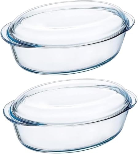 Housetronics 2-Piece Oval Glass Casserole Dish with Lid, 3.5L & 1.6L, Oven Safe & Microwave Safe, Ideal for Baking Sourdough Loafs, Casseroles, Lasagna & Roasting, Durable Glass with Smart Lid Design