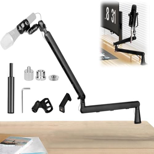 Pied de Micro, Bras de Microphone à Profil Bas avec Tige d’Extension Supplémentaire Bras de Microphone Haut de Gamme Rotatif à 360° Support de Microphone Bras de Microphone Pour Le Podcasting