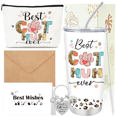 Eiapadeor Cat Lovers Gifts Set - 5 Pcs Cat Mum Gift Travel Mug with Lid Straw Flower Makeup Bag Card with Keyring for Animal Lovers Mum Mother Wife Women for Christmas Birthday Valentines Mothers Day