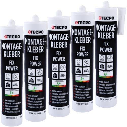 TECPO Montagekleber Fix Power, 5X 480g Universal Baukleber Kartuschen Kraftkleber 200kg 10 cm² für Akustikpaneele, Styropor, Sockelleite Innen und Außen schnelle Verklebung ohne Grundierung