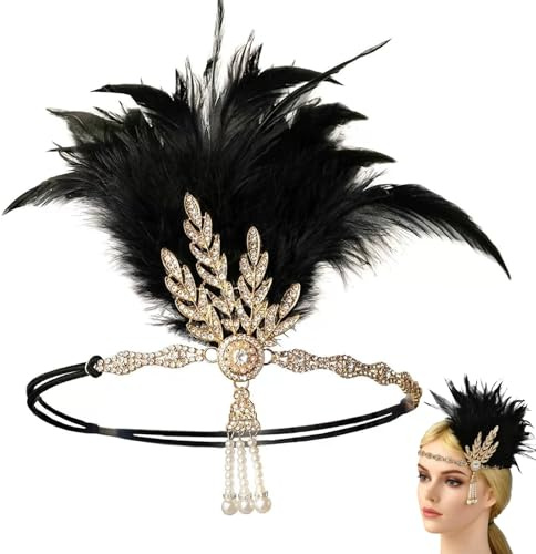 Vyqrx Vintage 1920er Jahre Damen Kopfschmuck, 20er Jahre Haarschmuck Schwarz - Gatsby Accessoires Damen Schwarzes Stirnband 20er Jahre für Party & Karneval