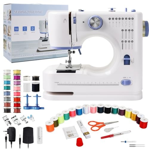 Qoosea Macchina da Cucire Elettronica, 16 Punti di Cucitura Mini Macchina da Cucire per Principianti e Bambini, Cucitrice Portatile per Tessuti con Luce LED e Kit di Attrezzi, Viola