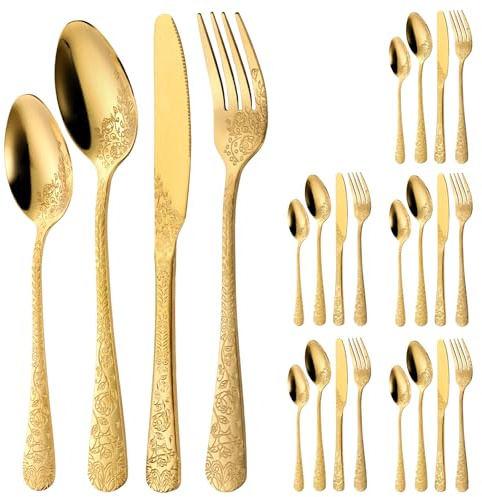 24 Stück Besteck Set 6 Personen Edelstahl Cutlery Set mit Rosenschnitzerei 6 x Messer 6 x Gabel 12 x Löffel Essbesteck Hochglanzpoliertes Spülmaschinenfest für Valentinstag Hochzei (Gold)