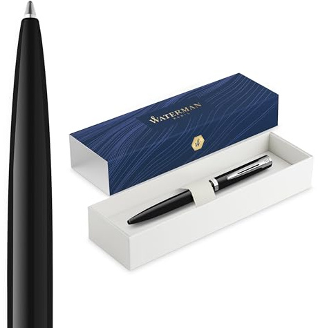 Waterman Impression Kugelschreiber | Mittlere Spitze mit blauer Tintenmine | Schwarzer Lack mit palladiumbeschichtetem Zierrat | Geschenkbox
