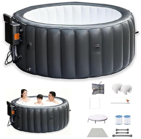 LADECNERHT Spa Gonflable, Piscine Gonflable Spa, avec 150 Jets d'air, Spa Extérieur Portable, Pompe Chauffante, Cartouches Filtrantes, Couverture Isolée, Tapis De Sol, 3-4 Personnes