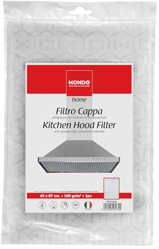 MONDO, Filtro Cappa Cucina Ritagliabile Universale, Anti-Grasso e Impurità, con Indicatore di Saturazione, Capacità di Assorbimento 100 gr/m2, 45x87 cm, Singolo utilizzo