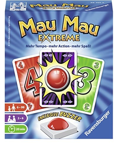 Ravensburger 26701 - Mau Mau Extreme, Kartenspiel mit Buzzer, Klassiker für 2-6 Spieler, Ablegespiel für Kinder und Erwachsene ab 6 Jahren