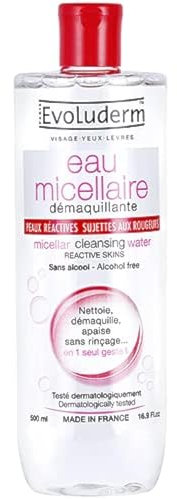 EVOLUDERM - Eau Micellaire Démaquillante Peaux Réactives, Sujettes Aux Rougeurs - 500 ml - 93% d'Origine Naturelle - Végan - Fabrication Française