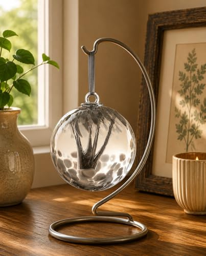 Sienna Glass Spirit Ball – 15cm Large Handcrafted Mouth-Blown Glass Ornament in Pastel Silver – Tree of Life Design – Hanging Window Decoration – Elegant Keepsake Gift for Her – Gift Boxed with Ribbon