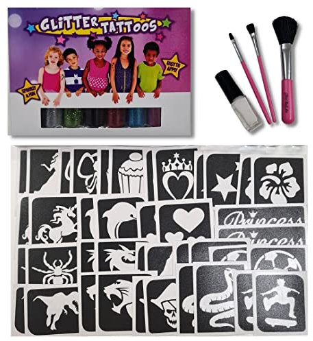 Girls and Boys Glitter Tattoo Kit - Temporary Tattoo Stencils for kids