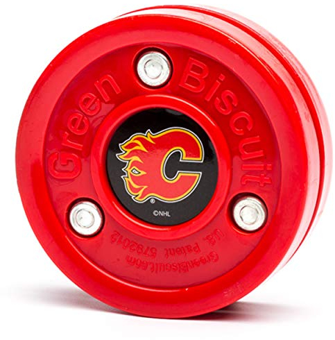 Green Biscuit NHL Pucks - Calgary Flames - Hockey Training Puck, Stays Flat, Passing/Handling Street Hockey