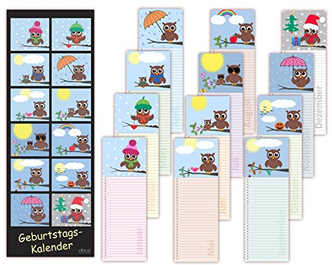 Kleiner Eulen Geburtstagskalender Eulenkalender neutral und jahresunabhängig mit 12 Monaten, Format 105x297mm, hervorragende Ausführung, gut beschreibbar, immerwährender Kalender für ihre Geburtstagstermine Dauerkalender