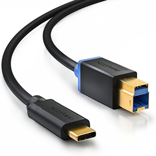 deleyCON 2m USB 3.0 Druckerkabel Scannerkabel - Stecker Typ 3.1 - USB C auf USB B - 5 Gbit/s Datenkabel für z.B. Computer Drucker Externe Festplatte - Schwarz