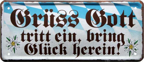 WOGEKA ART Retro Blechschild - Grüß Gott, tritt ein, bring Glück herein - witziger Spruch als Geschenk-Idee zum Geburtstag Weihnachten Deko 28x12 cm Vintage-Design Metall 1995