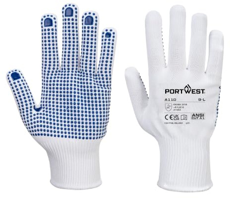 Portwest A110 PVC Noppen-Handschuh Schnittfest Baumwolle 13 Gauge Polyester | Weiß/Blau, M, EN 388, EN ISO 21420 Fingerfertigkeit 5, Hohe Fingerfertigkeit, Mechaniker, Atmungsaktiv