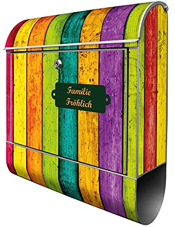 banjado® Design Briefkasten personalisiert Bunte Holzlatten 38,5x46,5x13cm & 2 Schlüssel - Briefkasten Stahl Silber Zeitungsfach pulverbeschichtet - Postkasten A4 Einwurf inkl. Montagematerial