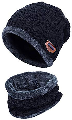 PPangUDing Strickmütze Set Herren Vintage Einfarbig Herbst Winter Warme Schal Mit Fleecefutter Wintermütze Beanie Mütze Unisex Plus Samt Verdicken Warm Outdoor Winddicht Gestrickte Fleecefutter Cap