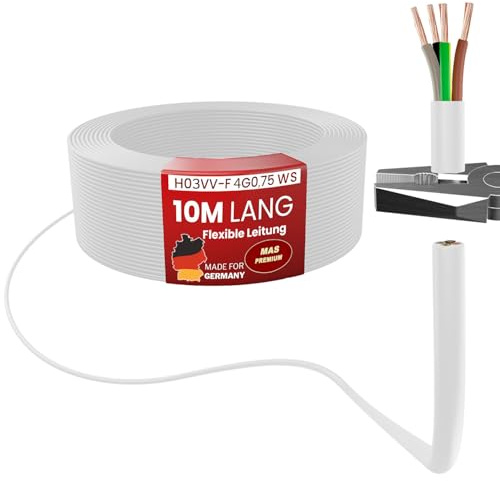 MAS Premium Von 5 bis 100m Kunststoffschlauchleitung H03VV-F 2X0,5, 2X0,75, 3G0,75 oder 4G0,75 Flexible Leitung Kabel Gerätekabel (H03VV-F 4G0,75 WS, 10m)