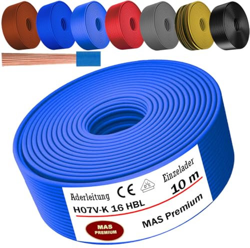 MAS Premium Câble conducteur H07 V-K 16 mm² de 5 à 100 m - Noir, marron, bleu foncé, jaune vert, gris, bleu clair ou rouge - Fil unique flexible (bleu clair, 10 m)