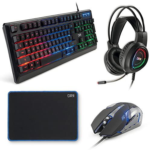 [Amazon Exclusive] DR1TECH Predator Gaming PC Bundle 4in1 - Mouse 6 Tasti 3200 DPI e Tastiera Retroilluminata 104 Tasti + Cuffie LED da Gaming con Microfono Cablate + MousePad 25x35cm