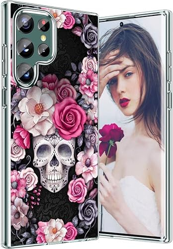 nivery Halloween Rose Skull Cover Case Kompatibel mit Samsung Galaxy S22 Ultra 5G Hülle Weiches Silikon Dünn Weihnachten Handyhülle Christmas Muster Kratzfest Schutzhülle für Samsung S22 Ultra 5G
