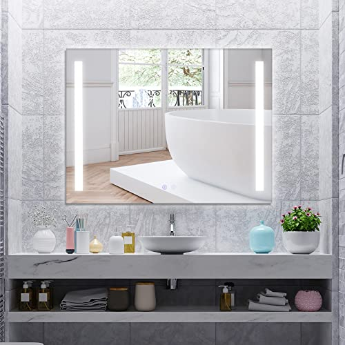 COSTWAY 80x60cm LED Illuminated Bathroom Mirror, Wall Mounted Mirror with Demister Pad, 3 Dimmable Color Temperatures & Memory Touch Control, Frameless Anti-Fog Lighted Wall Makeup Vanity Mirror