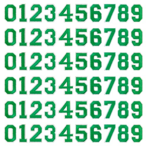 J.CARP 60Pcs Green Number 0 to 9 Patches Iron on Sew on Letters for Clothing, Hats, Shoes, Backpacks, Handbags, Jeans, Jackets etc.