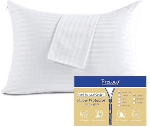100% Cotton Pillow Protectors with Zipper Standard Size, White Pillow Cases for Home & Hotel, Sateen Soft Cooling Hidden Zippered Pillow Case Protector for Hair & Skin, 20x26 in, 1 Pack