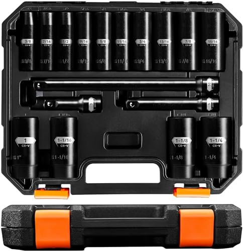 PGROUP Schlagschrauber Nüsse Set 1/2”, SAE-Größen von 3/8 Zoll bis 1-1/4 Zoll(9.5mm-31.75mm)mit 3, 5, 10-inch Verlängerungsstange, 17 Stück Sechskantschlüssel Set, Cr-V-Stahl, SAE to Metrish