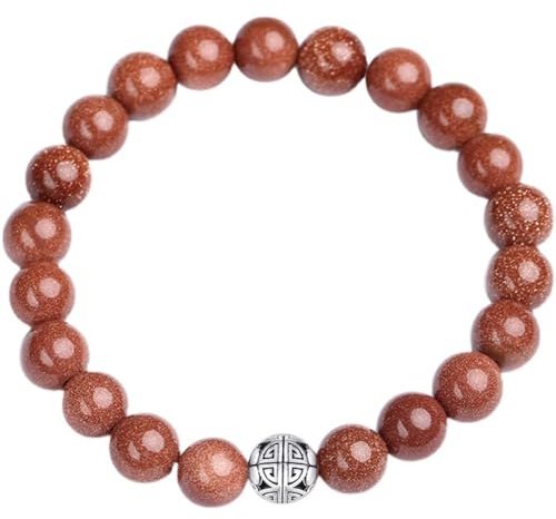 MetJakt Natürliche 8 mm Edelsteine Heilung Crystal Stretch Perlen Armband Armreif mit 925 Sterling Silber Double Happiness Anhänger (Goldsand)