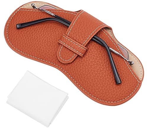 CREATCABIN Leather Glasses Case Portable Sunglasses Pouch Travel Lightweight Slim Squeeze Eyeglasses Holder Bag with Suede Fiber Cleaning Cloth for Women Men Chocolate