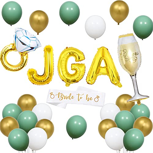 Funmemoir JGA Deko Grün Junggesellenabschied Frauen Deko Set Folienballons JGA Gold Bride To Be Schärpe Salbei Grün Weiß Gold Luftballons für Braut Deko JGA