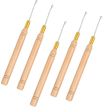 JFFX 5 Pcs Wooden & Metal Crochet Hooks, Lightweight Hair Extension Loop Needle Threader for Silicone Link Rings, Beads & Hair Feather Extensions