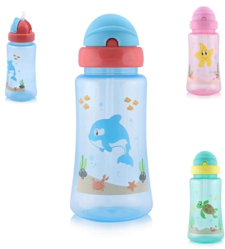 Baby Care Kinder Trinkflasche Sport Sipper 330 ml Strohhalm, Tiere, Schutzdeckel, Farbe:blau