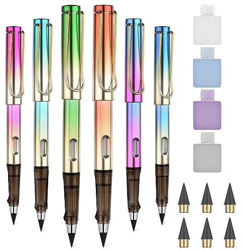 OFFCUP Metall Tintenlose Bleistifte, 6 Stück Tintenloser Bleistift mit Radiergummi und 4 Clips, Magic Pencil mit 6 Stück Wechselkopfm, Klares und Flüssiges Schreiben für Erwachsene(Buntes Upgrade)